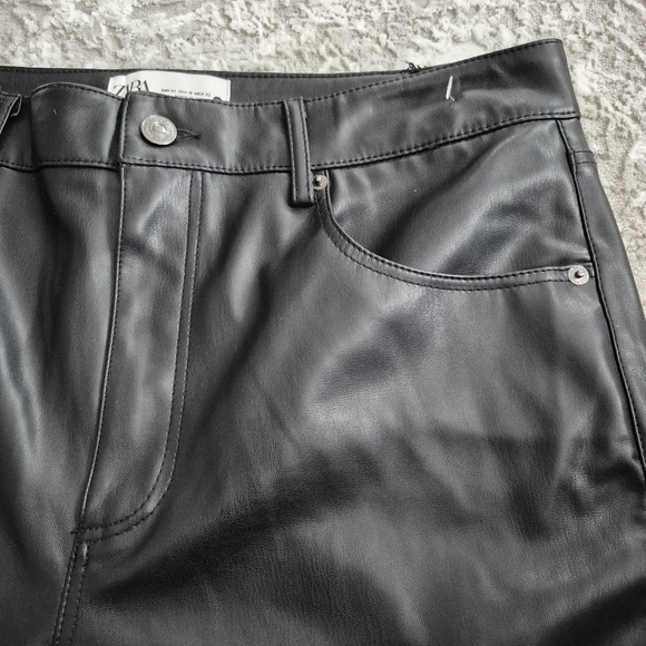 ZARA Women's Black Faux Leather Pants High Rise Straight Leg Style Size 10 - Picture 3 of 7